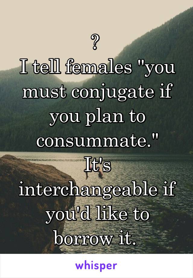 😏 
I tell females "you must conjugate if you plan to consummate."
It's interchangeable if you'd like to borrow it. 