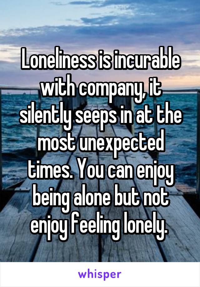 Loneliness is incurable with company, it silently seeps in at the most unexpected times. You can enjoy being alone but not enjoy feeling lonely. 