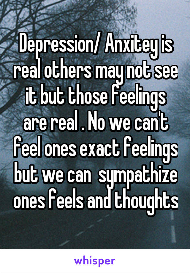 Depression/ Anxitey is real others may not see it but those feelings are real . No we can't feel ones exact feelings but we can  sympathize ones feels and thoughts 