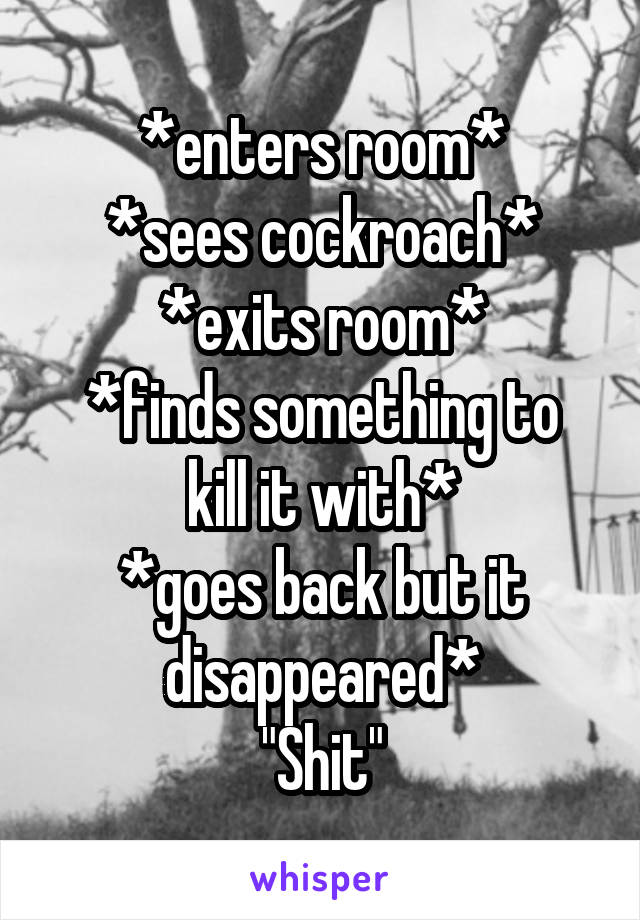 *enters room*
*sees cockroach*
*exits room*
*finds something to kill it with*
*goes back but it disappeared*
"Shit"