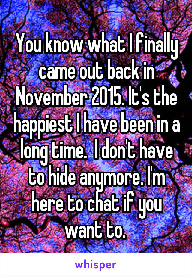 You know what I finally came out back in November 2015. It's the happiest I have been in a long time.  I don't have to hide anymore. I'm here to chat if you want to. 