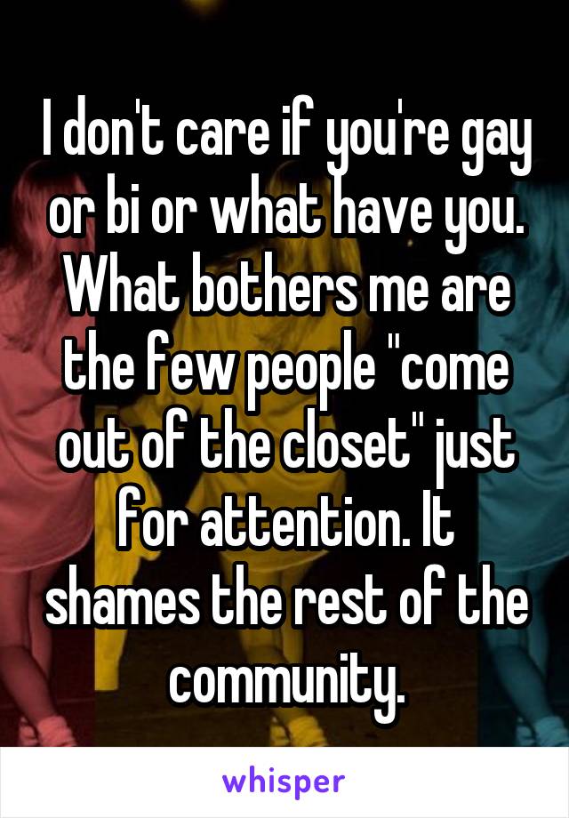 I don't care if you're gay or bi or what have you. What bothers me are the few people "come out of the closet" just for attention. It shames the rest of the community.