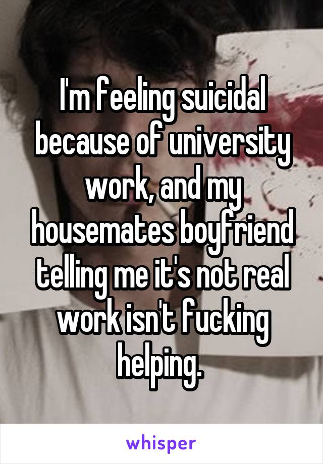 I'm feeling suicidal because of university work, and my housemates boyfriend telling me it's not real work isn't fucking helping. 