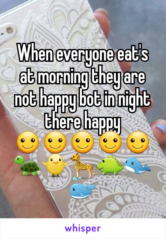 When everyone eat's at morning they are not happy bot in night there happy
☺☺☺☺☺🐢🐥🐆🐊🐋🐳