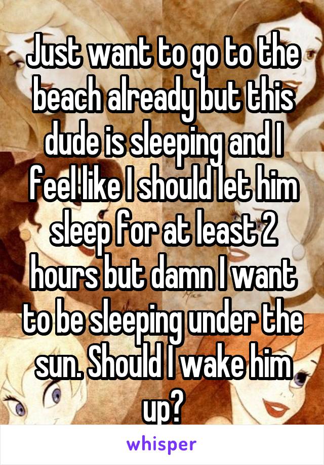 Just want to go to the beach already but this dude is sleeping and I feel like I should let him sleep for at least 2 hours but damn I want to be sleeping under the sun. Should I wake him up?