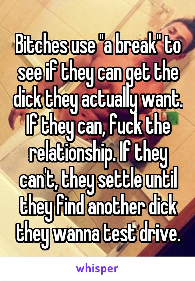 Bitches use "a break" to see if they can get the dick they actually want. If they can, fuck the relationship. If they can't, they settle until they find another dick they wanna test drive.