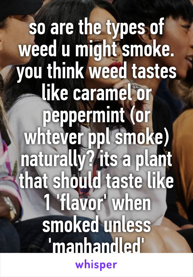 so are the types of weed u might smoke. you think weed tastes like caramel or peppermint (or whtever ppl smoke) naturally? its a plant that should taste like 1 'flavor' when smoked unless 'manhandled'