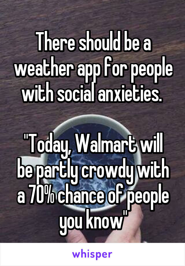There should be a weather app for people with social anxieties. 

"Today, Walmart will be partly crowdy with a 70% chance of people you know"