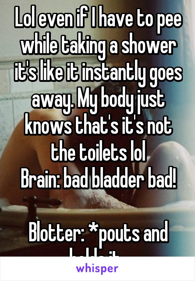 Lol even if I have to pee while taking a shower it's like it instantly goes away. My body just knows that's it's not the toilets lol
Brain: bad bladder bad!

Blotter: *pouts and holds it. 