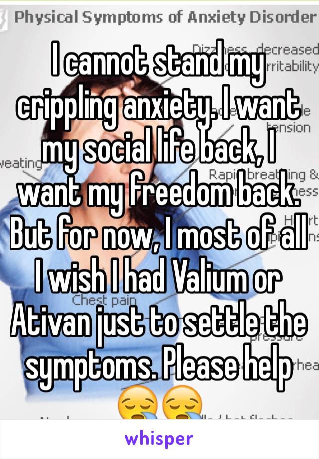 I cannot stand my crippling anxiety. I want my social life back, I want my freedom back.
But for now, I most of all I wish I had Valium or Ativan just to settle the symptoms. Please help 😪😪