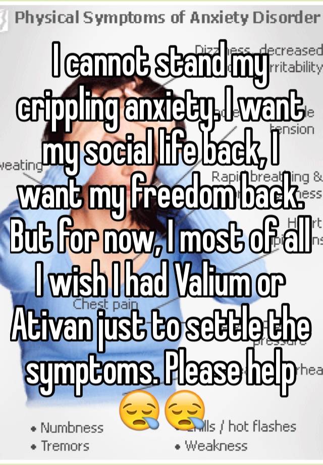 I cannot stand my crippling anxiety. I want my social life back, I want my freedom back.
But for now, I most of all I wish I had Valium or Ativan just to settle the symptoms. Please help 😪😪