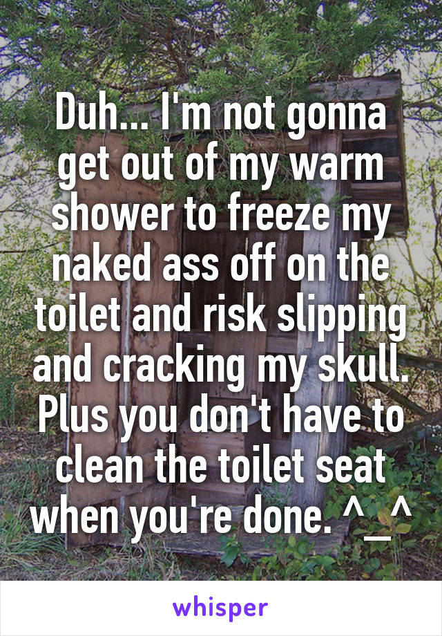 Duh... I'm not gonna get out of my warm shower to freeze my naked ass off on the toilet and risk slipping and cracking my skull. Plus you don't have to clean the toilet seat when you're done. ^_^