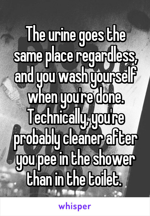 The urine goes the same place regardless, and you wash yourself when you're done. Technically, you're probably cleaner after you pee in the shower than in the toilet. 