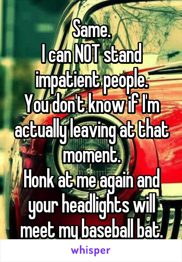 Same.
I can NOT stand impatient people.
You don't know if I'm actually leaving at that moment.
Honk at me again and your headlights will meet my baseball bat.