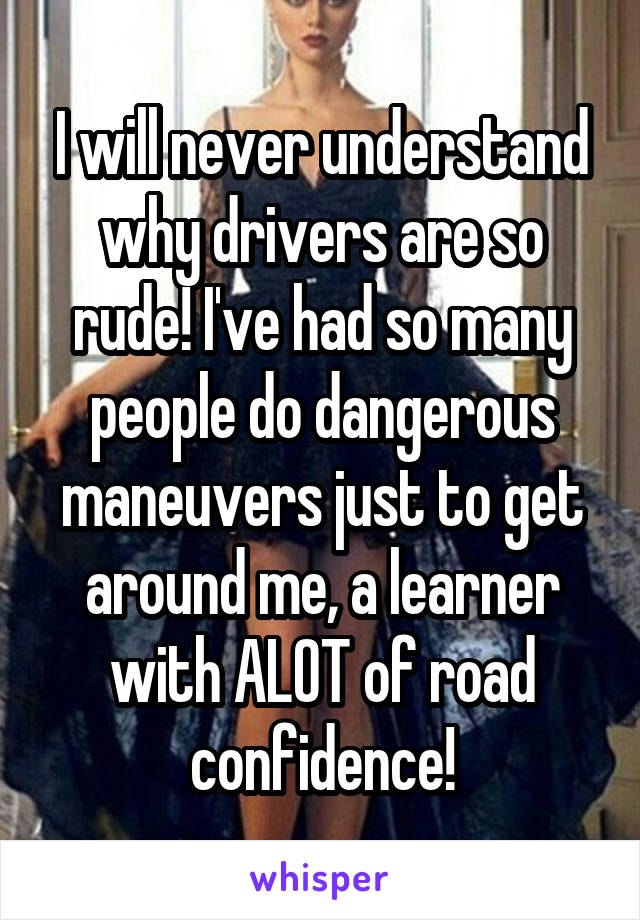 I will never understand why drivers are so rude! I've had so many people do dangerous maneuvers just to get around me, a learner with ALOT of road confidence!