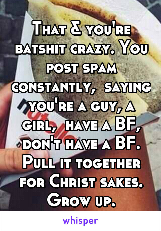 That & you're batshit crazy. You post spam constantly,  saying you're a guy, a girl,  have a BF, don't have a BF. Pull it together for Christ sakes. Grow up.