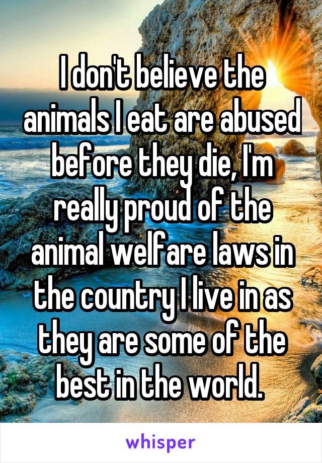I don't believe the animals I eat are abused before they die, I'm really proud of the animal welfare laws in the country I live in as they are some of the best in the world. 