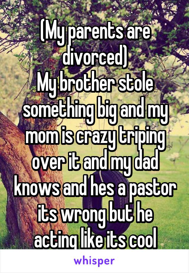 (My parents are divorced)
My brother stole something big and my mom is crazy triping over it and my dad knows and hes a pastor
its wrong but he acting like its cool