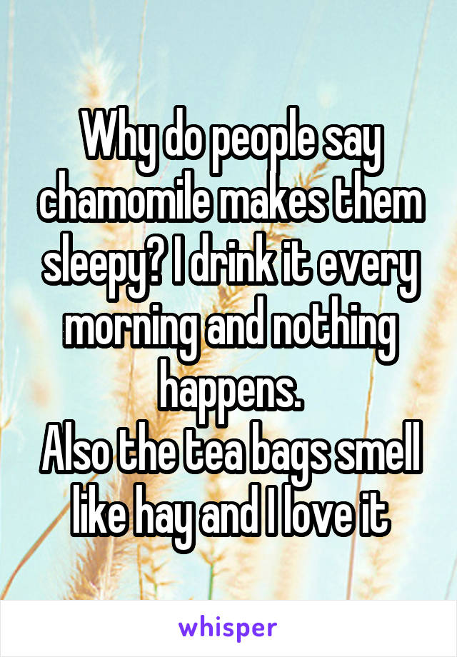 Why do people say chamomile makes them sleepy? I drink it every morning and nothing happens.
Also the tea bags smell like hay and I love it