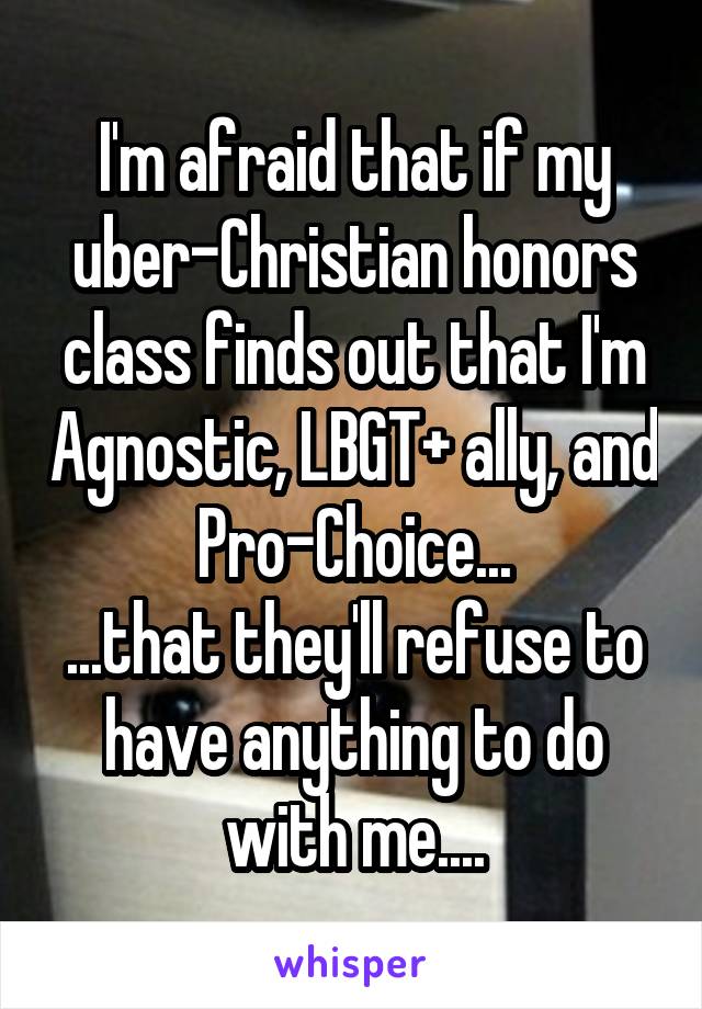 I'm afraid that if my uber-Christian honors class finds out that I'm Agnostic, LBGT+ ally, and Pro-Choice...
...that they'll refuse to have anything to do with me....