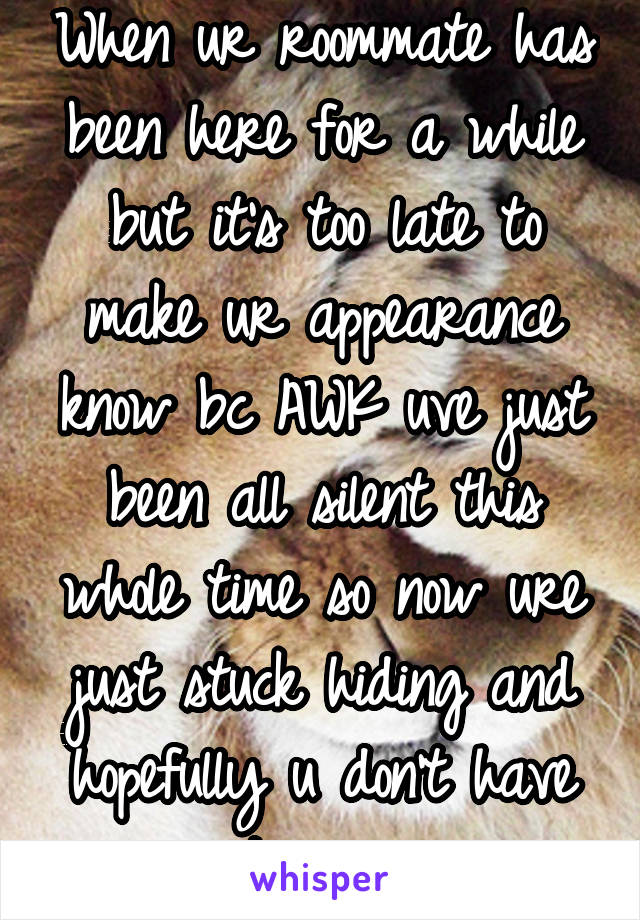 When ur roommate has been here for a while but it's too late to make ur appearance know bc AWK uve just been all silent this whole time so now ure just stuck hiding and hopefully u don't have to pee<<