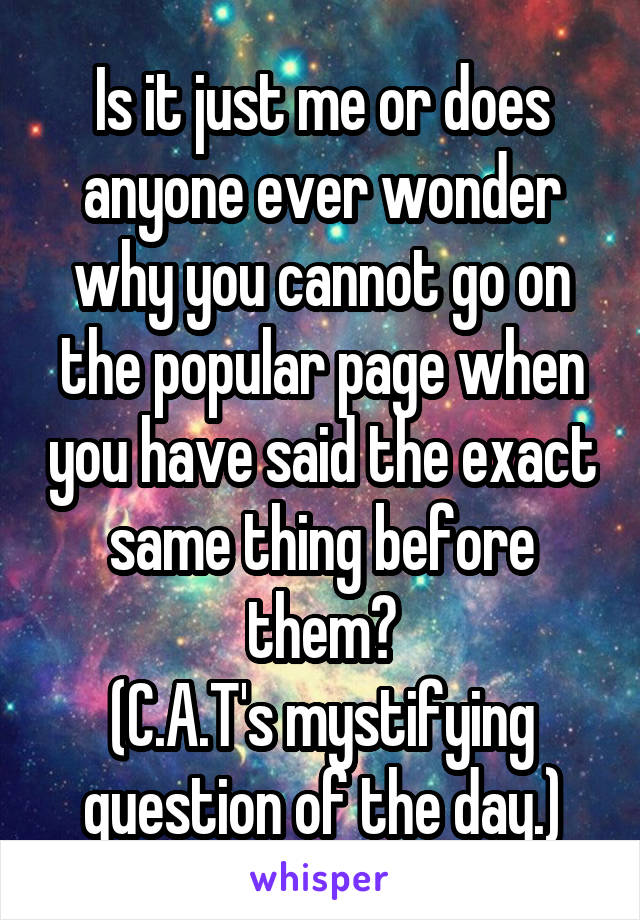 Is it just me or does anyone ever wonder why you cannot go on the popular page when you have said the exact same thing before them?
(C.A.T's mystifying question of the day.)