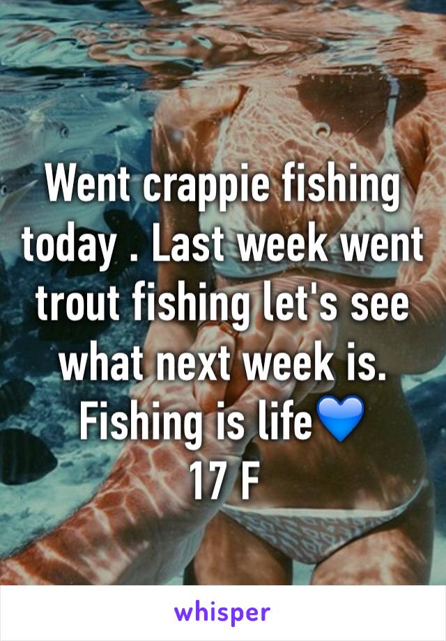 Went crappie fishing today . Last week went trout fishing let's see what next week is. Fishing is life💙
17 F