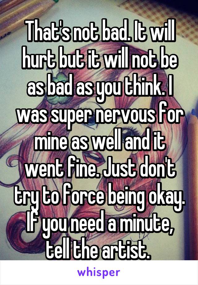 That's not bad. It will hurt but it will not be as bad as you think. I was super nervous for mine as well and it went fine. Just don't try to force being okay. If you need a minute, tell the artist. 