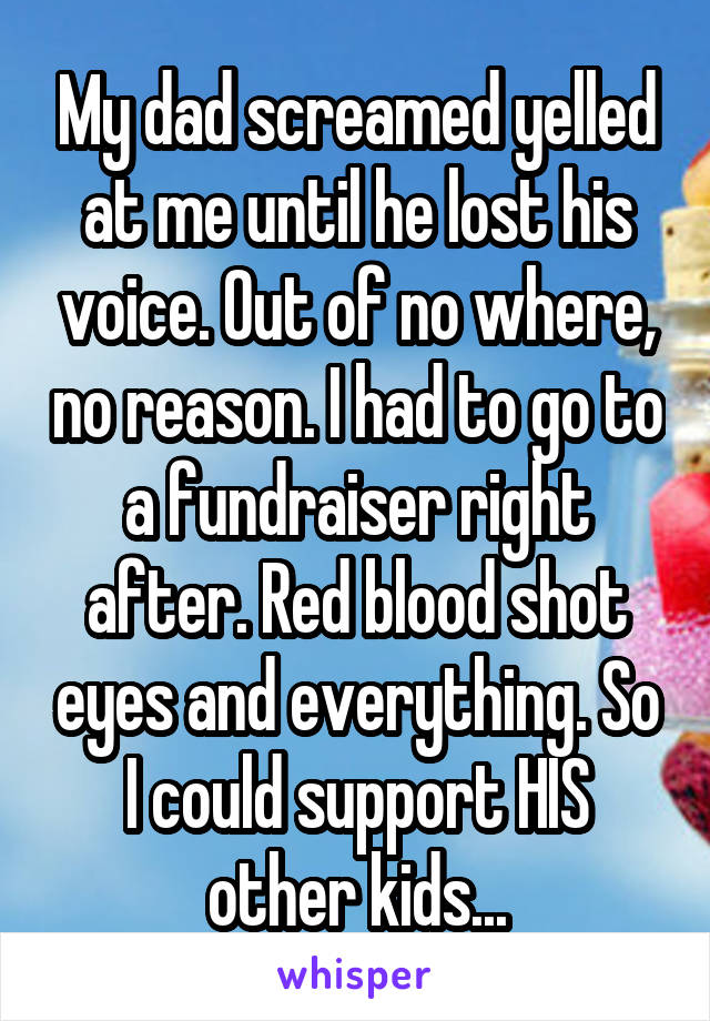 My dad screamed yelled at me until he lost his voice. Out of no where, no reason. I had to go to a fundraiser right after. Red blood shot eyes and everything. So I could support HIS other kids...