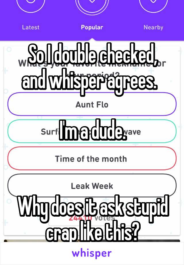 
So I double checked, and whisper agrees.  

I'm a dude.


Why does it ask stupid crap like this?