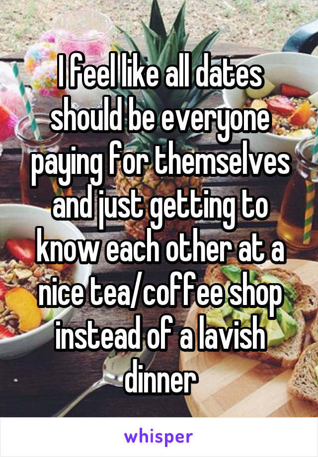 I feel like all dates should be everyone paying for themselves and just getting to know each other at a nice tea/coffee shop instead of a lavish dinner