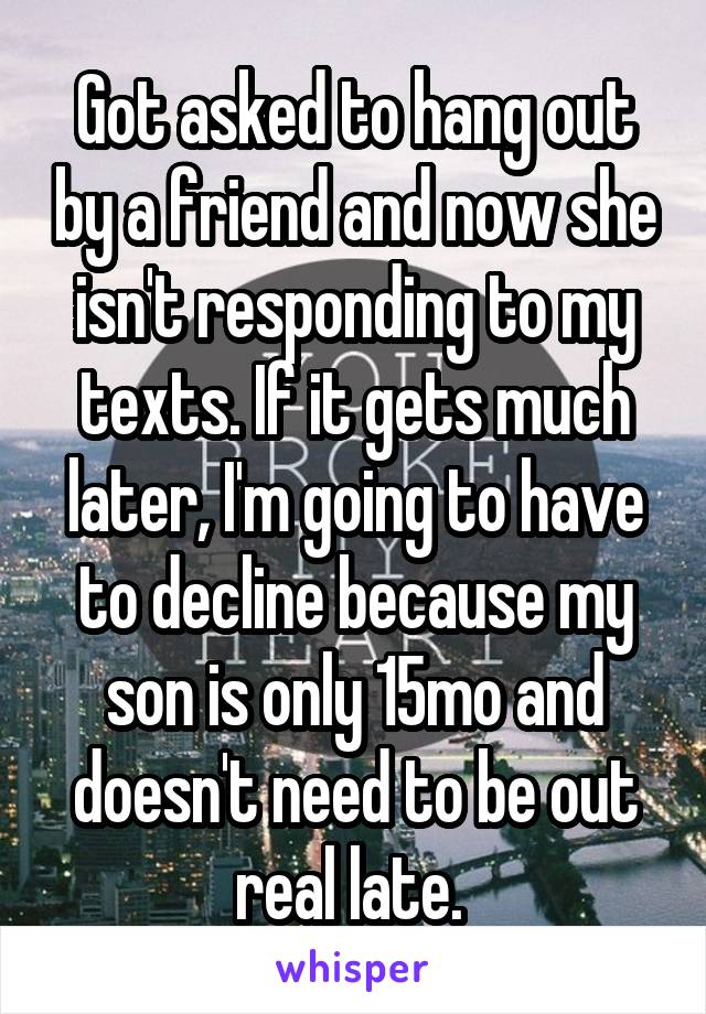 Got asked to hang out by a friend and now she isn't responding to my texts. If it gets much later, I'm going to have to decline because my son is only 15mo and doesn't need to be out real late. 