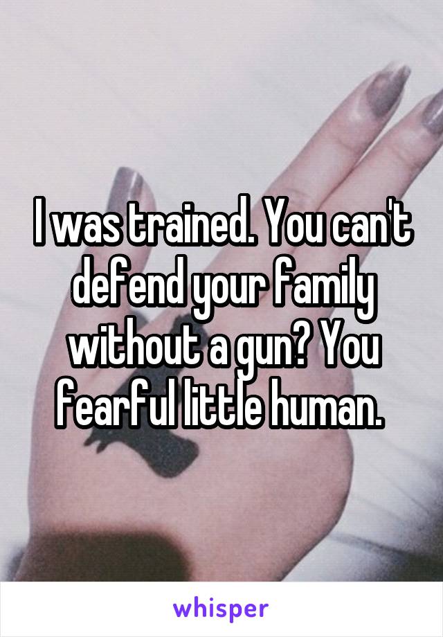 I was trained. You can't defend your family without a gun? You fearful little human. 