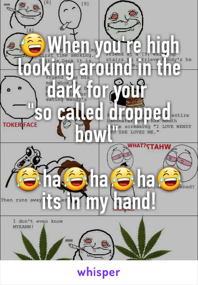 😅When you're high looking around in the dark for your 
"so called dropped bowl" 

😂ha😂ha😂ha😂its in my hand!