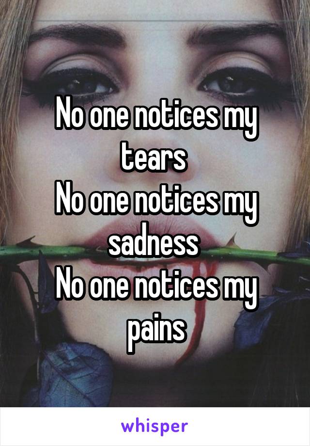 No one notices my tears 
No one notices my sadness 
No one notices my pains