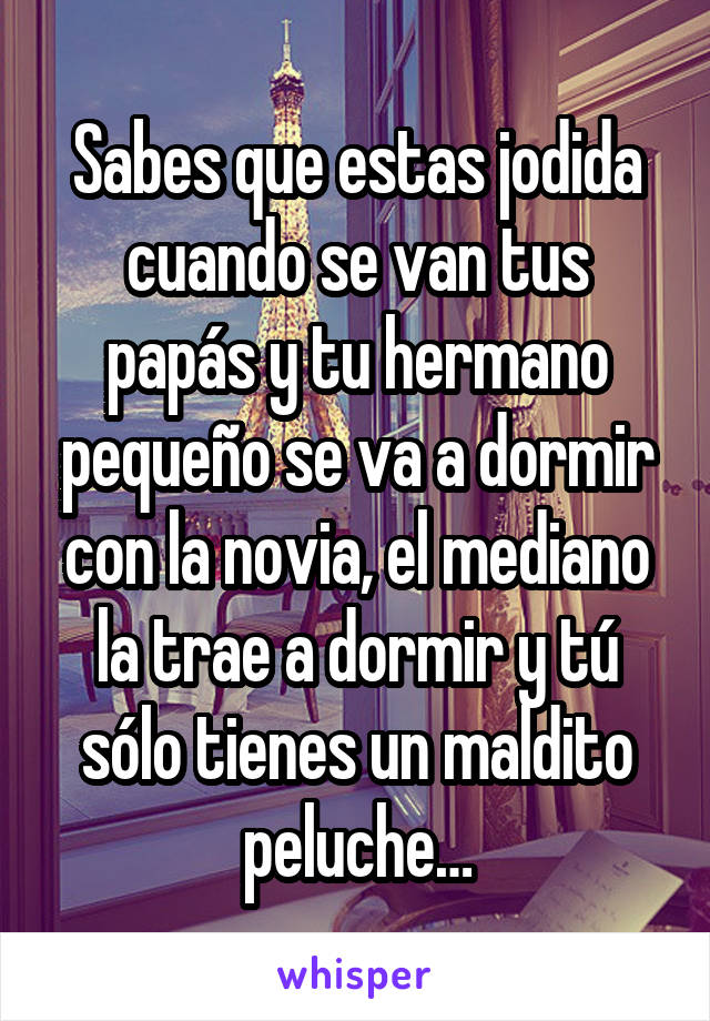 Sabes que estas jodida cuando se van tus papás y tu hermano pequeño se va a dormir con la novia, el mediano la trae a dormir y tú sólo tienes un maldito peluche…