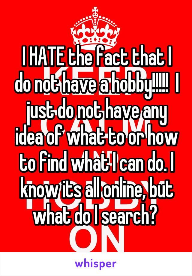 I HATE the fact that I do not have a hobby!!!!!  I just do not have any idea of what to or how to find what I can do. I know its all online, but what do I search? 