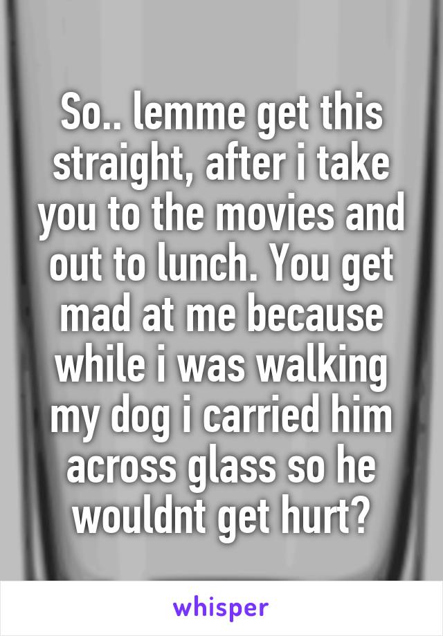 So.. lemme get this straight, after i take you to the movies and out to lunch. You get mad at me because while i was walking my dog i carried him across glass so he wouldnt get hurt?