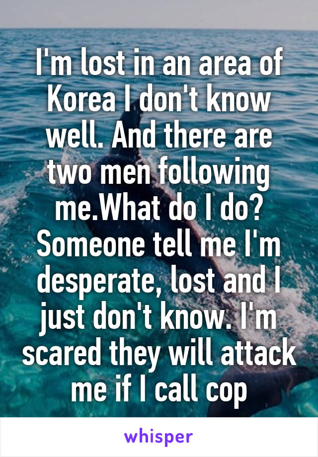 I'm lost in an area of Korea I don't know well. And there are two men following me.What do I do? Someone tell me I'm desperate, lost and I just don't know. I'm scared they will attack me if I call cop