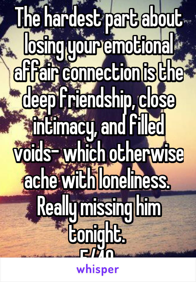 The hardest part about losing your emotional affair connection is the deep friendship, close intimacy, and filled voids- which otherwise ache with loneliness. 
Really missing him tonight. 
F/40 