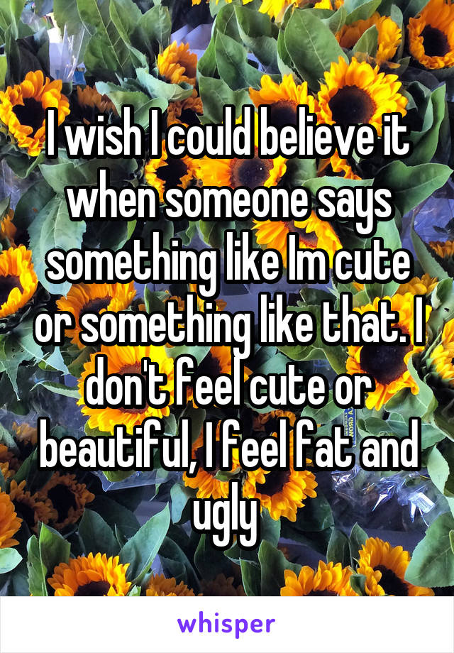 I wish I could believe it when someone says something like Im cute or something like that. I don't feel cute or beautiful, I feel fat and ugly 