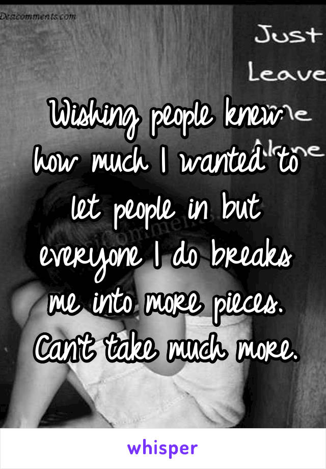 Wishing people knew how much I wanted to let people in but everyone I do breaks me into more pieces. Can't take much more.