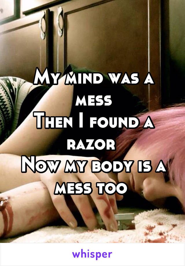 My mind was a mess
Then I found a razor 
Now my body is a mess too 