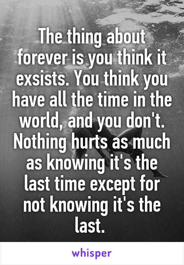 The thing about forever is you think it exsists. You think you have all the time in the world, and you don't. Nothing hurts as much as knowing it's the last time except for not knowing it's the last. 