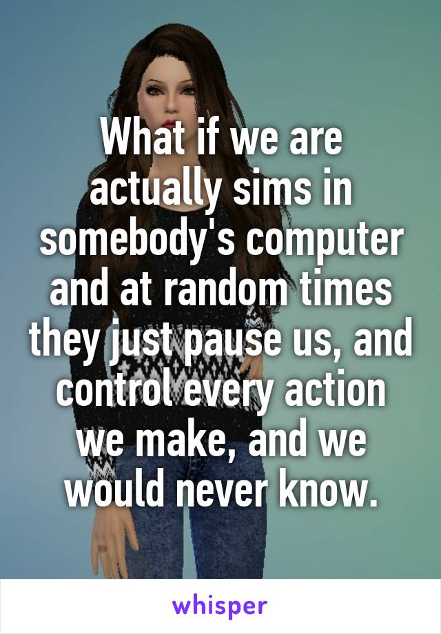 What if we are actually sims in somebody's computer and at random times they just pause us, and control every action we make, and we would never know.