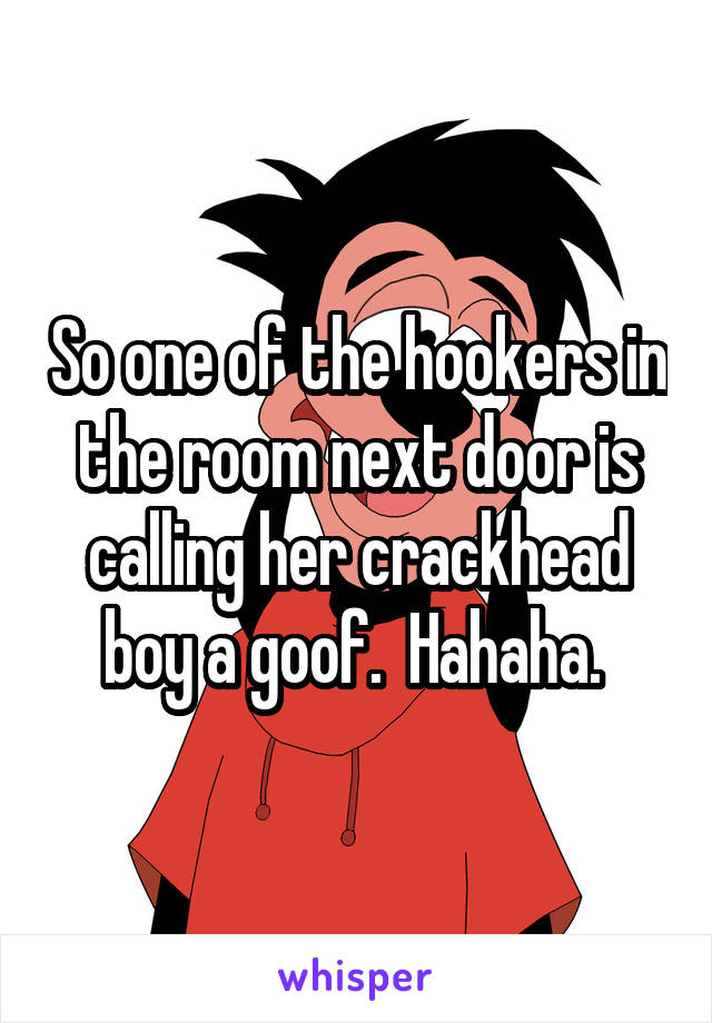 So one of the hookers in the room next door is calling her crackhead boy a goof.  Hahaha. 