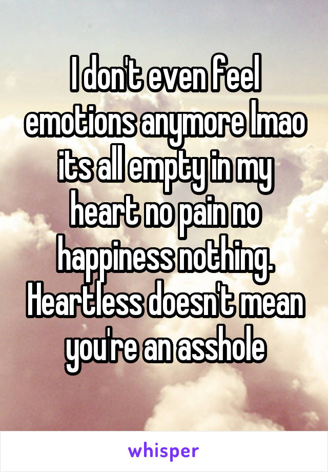 I don't even feel emotions anymore lmao its all empty in my heart no pain no happiness nothing. Heartless doesn't mean you're an asshole
