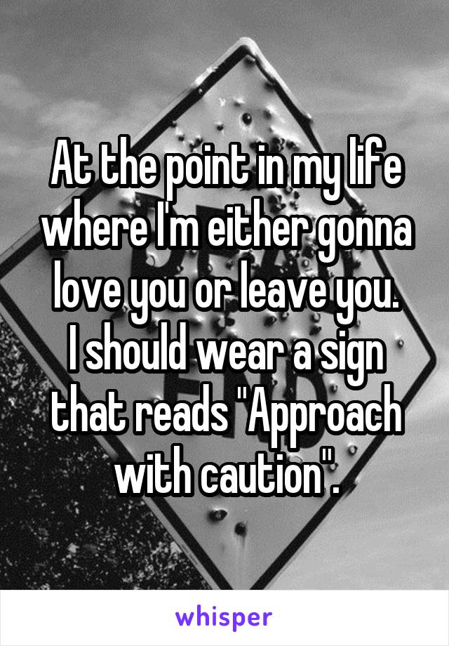 At the point in my life where I'm either gonna love you or leave you.
I should wear a sign that reads "Approach with caution".