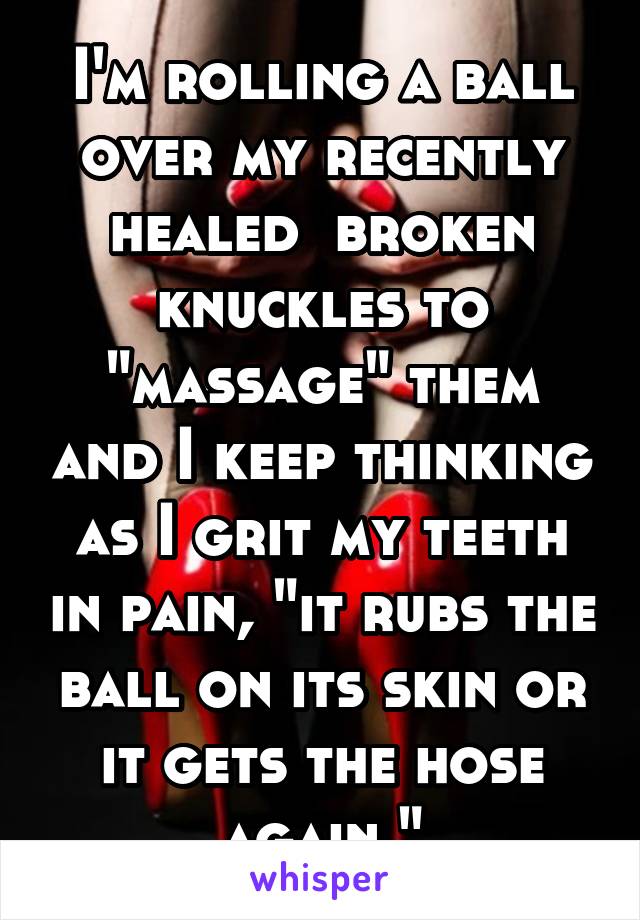 I'm rolling a ball over my recently healed  broken knuckles to "massage" them and I keep thinking as I grit my teeth in pain, "it rubs the ball on its skin or it gets the hose again."