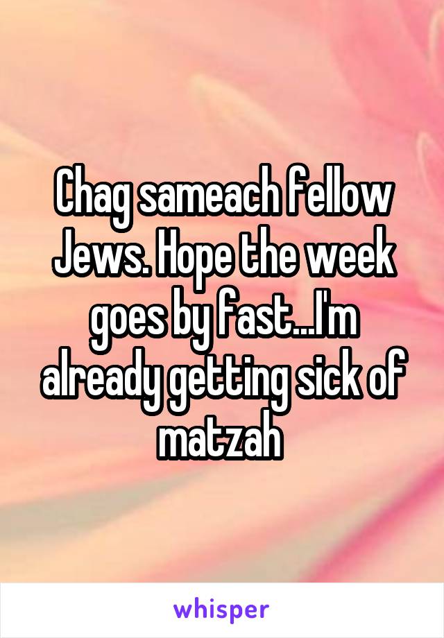 Chag sameach fellow Jews. Hope the week goes by fast...I'm already getting sick of matzah 